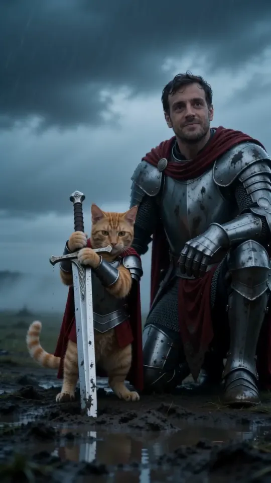 A man in plate armour and a crimson cape kneels on a stormy moor beside his pet in tiny armour