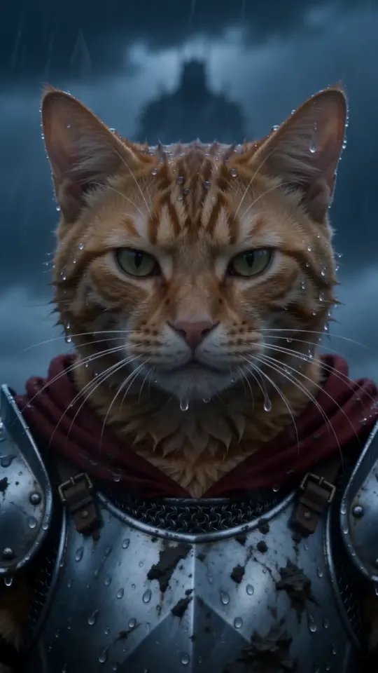 Close-up of the tabby knight in armour, rain on its whiskers
