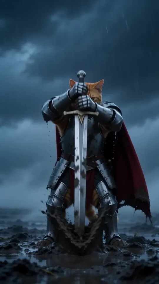 The tabby knight grips a sword planted in the mud