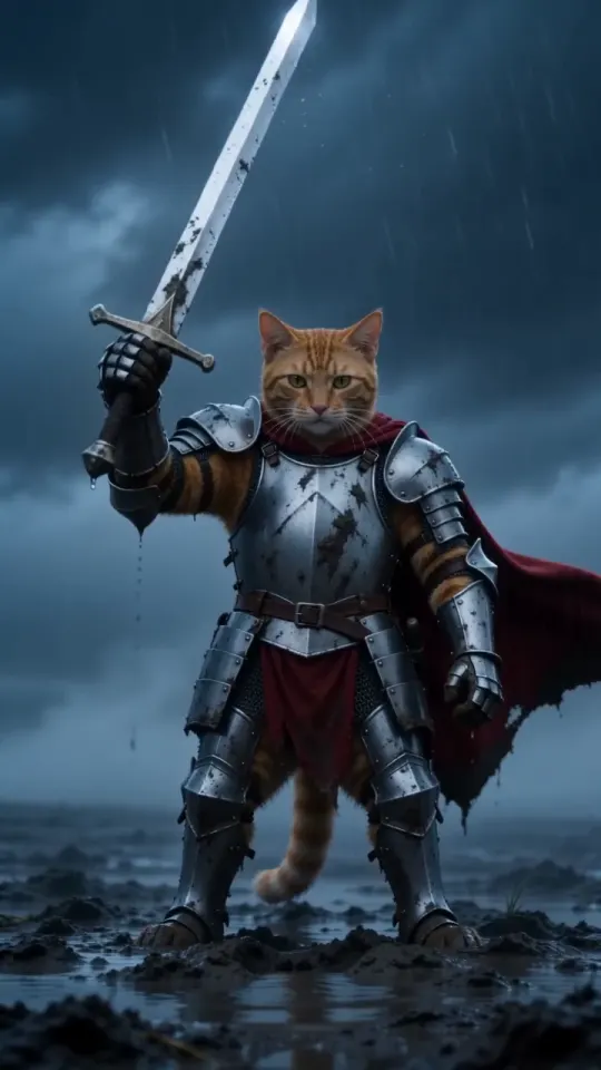 The same tabby as a tiny knight in silver armour, raising a sword on a stormy moor