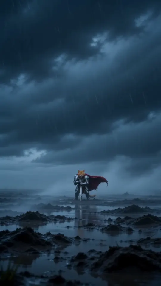 A tiny knight stands alone on a wide, stormy moor